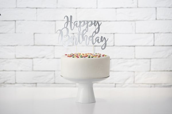Ozdoba na tortu   "Happy Birthday" - strieborná-2