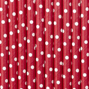 Slamky červené s bielymi bodkami 10 ks