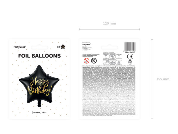 Fóliový balón hviezda - Happy Birthday čierny 40 cm-3