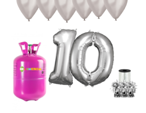 Hélium párty set na 10. narodeniny so striebornými balónmi