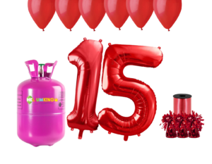 Hélium párty set na 15. narodeniny s červenými balónmi
