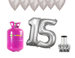 Hélium párty set na 15. narodeniny so striebornými balónmi