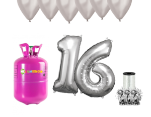 Hélium párty set na 16. narodeniny so striebornými balónmi