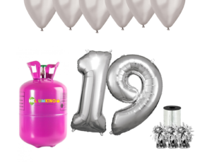 Hélium párty set na 19. narodeniny so striebornými balónmi