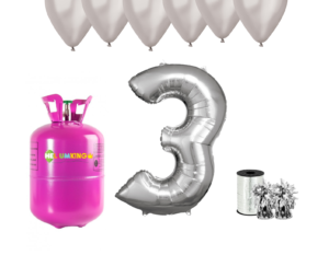 Hélium párty set na 3. narodeniny so striebornými balónmi