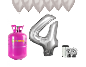 Hélium párty set na 4. narodeniny so striebornými balónmi