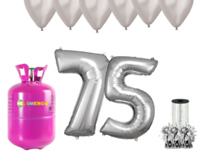 Hélium párty set na 75. narodeniny so striebornými balónmi
