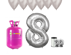 Hélium párty set na 8. narodeniny so striebornými balónmi