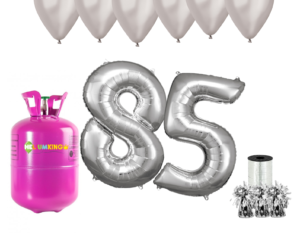 Hélium párty set na 85. narodeniny so striebornými balónmi