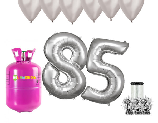 Hélium párty set na 85. narodeniny so striebornými balónmi