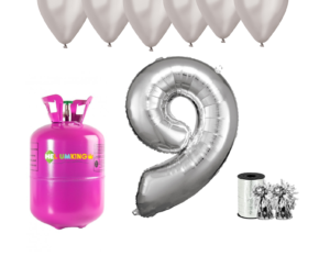 Hélium párty set na 9. narodeniny so striebornými balónmi